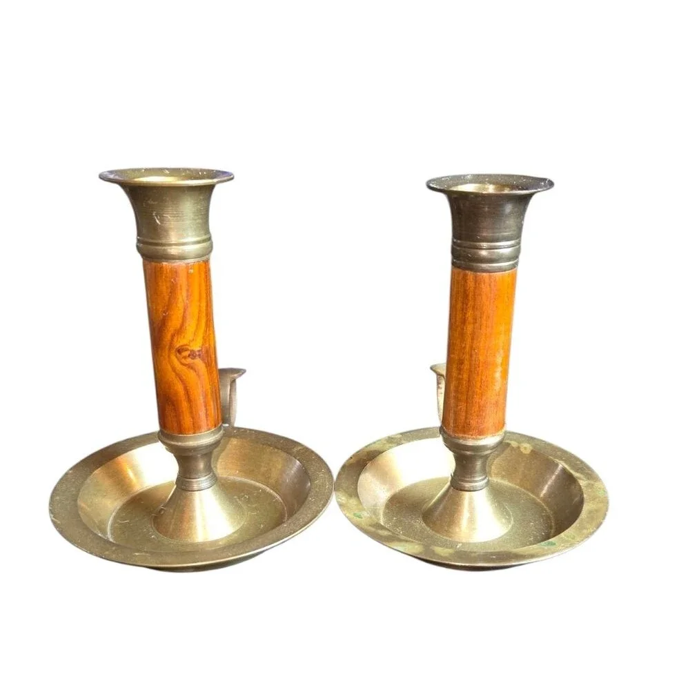 Vintage‎ Made In India Pair Of Wood & Brass Chambersticks 4.5
